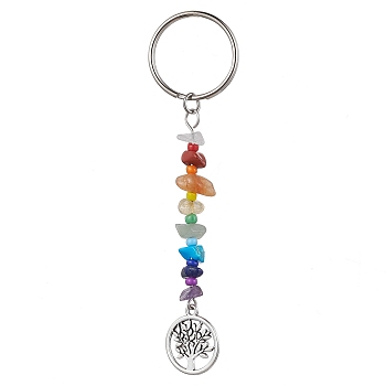 Tree of Life Tibetan Style Alloy Pendant Keychains, with Natural Gemstone Chip Beads and Iron Split Key Rings, Flat Round, 10.1cm