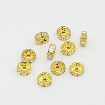 Brass Rhinestone Spacer Beads, Grade B, Clear, Golden Metal Color, Size: about 8mm in diameter, 3mm thick, hole: 1.5mm