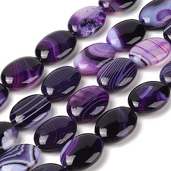 Natural Striped Agate/Banded Agate Beads Strands, Flat Oval, Dyed & Heated, Purple, 18~19x24x7~8mm, Hole: 1.2mm, about 16pcs/strand, 15.75''(40cm)