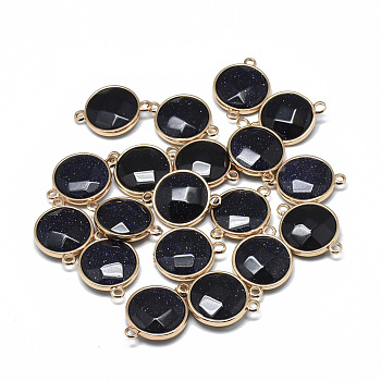 Synthetic Blue Goldstone Links connectors, with Golden Tone Brass Findings, Faceted, Flat Round, 25.5~26.5x17~18x6~7mm, Hole: 2~2.5mm