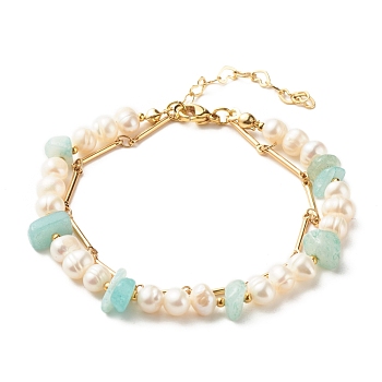 Natural Flower Amazonite & Pearl Beads Double Layered Bracelet, Reiki Bracelet with Link Chain, Golden, 7-1/8 inch(18cm)