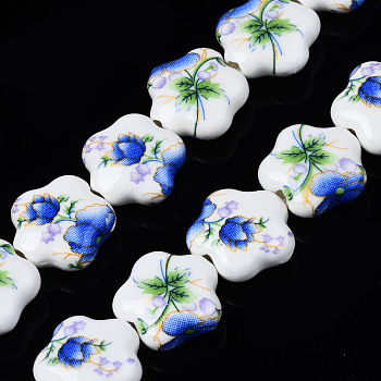 Handmade Porcelain Ceramic Beads Strands, Flower Printed, Flower, Blue, 14x15x6mm, Hole: 1.8mm, about 23pcs/strand, 12.4 inches(31.5cm)