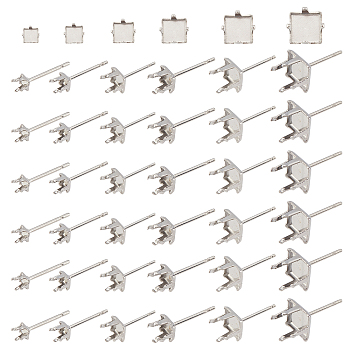 60Pcs 6 Style 201 Stainless Steel Stud Earring Settings, with 304 Stainless Steel Pin, Square, Stainless Steel Color, 10pcs/style