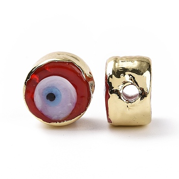 Handmade Evil Eye Lampwork Beads, with Golden Tone Brass Findings, Long-Lasting Plated, Cadmium Free & Lead Free, Flat Round, Red, 12.5x8mm, Hole: 2.5mm