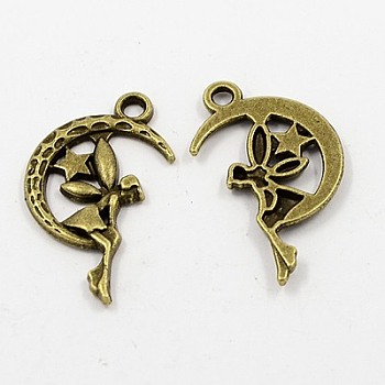 Zinc Alloy Fairy Sprite Charms, Characters Pendants in Fairy Tales, Halloween, Cadmium Free & Nickel Free & Lead Free, Antique Bronze, about 25mm long, 14mm wide, 3mm thick, hole: 2mm