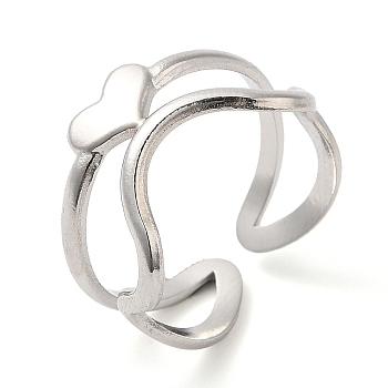 304 Stainless Steel Heart Open Cuff Ring for Women, Stainless Steel Color, Inner Diameter: 17mm