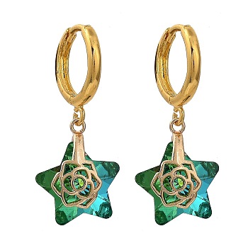 Brass Huggie Hoop Earring, with Electroplate Glass Pendants, Star, Golden, Green, 31.5mm, Pin: 1mm