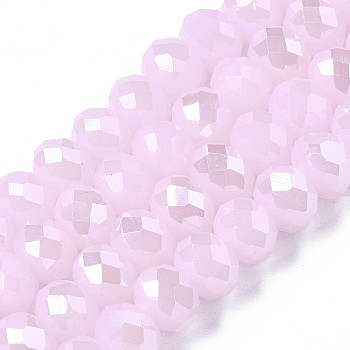 Electroplate Glass Beads Strands, Imitation Jade Beads, Pearl Luster Plated, Faceted, Rondelle, Pearl Pink, 10x8mm, Hole: 1mm, about 63~65pcs/strand, 49~50cm