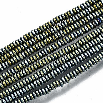 Electroplate Non-magnetic Synthetic Hematite Beads Strands, Flat Round/Disc, Yellow Green, 2x1mm, Hole: 0.8mm, about 450~456pcs/strand, 15.75 inch~15.94 inch(40cm~40.5cm)