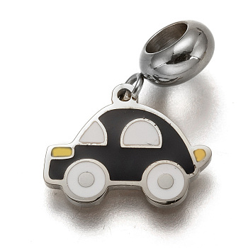 304 Stainless Steel European Dangle Charms, Large Hole Pendants, with Enamel, Car, Black, 22mm, Car: 12.5x16x1.5mm, Hole: 4.5mm