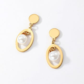 Elegant Classic Stainless Steel Pearl Stud Earrings for Women, Oval, Real 18K Gold Plated, 32x13mm