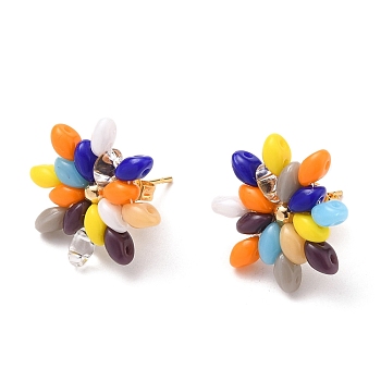 Flower Stud Earrings, with Czech Glass Beads, Golden Plated 304 Stainless Steel Stud Earring Findings and Ear Nuts, Colorful, 19x18x4mm, Pin: 0.8mm