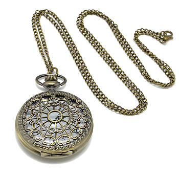 Alloy Flat Round Pendant Necklace Pocket Watch, with Iron Chains and Lobster Claw Clasps, Quartz Watch, Antique Bronze, 31.5 inch, Watch Head: 61x47x16mm