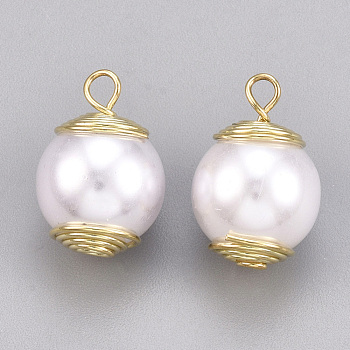 ABS Plastic Imitation Pearl Pendants, with Brass Findings, Round, Creamy White, Real 18K Gold Plated, 15x9.5mm, Hole: 1.5mm
