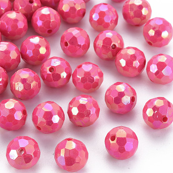 Opaque Acrylic Beads, Faceted, Dyed, AB Color, Round, Cerise, 12x11.5mm, Hole: 1.8mm, about 560pcs/500g