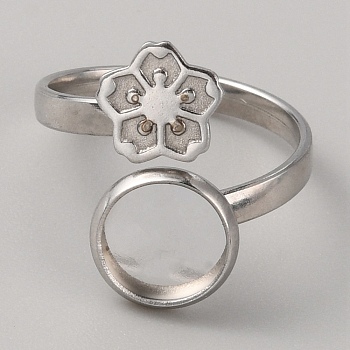 304 Stainless Steel Cuff Pad Ring Settings, Flower Open Rings with Round Tray, Stainless Steel Color, US Size 6 1/2(16.9mm), Tray: 8mm