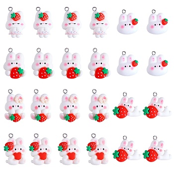 24Pcs 6 Styles Opaque Resin Pendants, with Platinum Tone Iron Loops, Mixed Rabbit with Strawberry Shapes, White, 22~27.5x16.5~24.5x7.5~8mm, Hole: 2mm, 4pcs/style