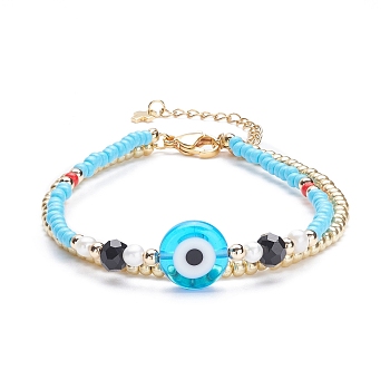 Evil Eye Multi-strand Bracelet for Girl Women, Glass Seed & Lampwork & Brass Beads Double Layered Bracelet, Golden, Deep Sky Blue, 7-5/8 inch(19.5cm)
