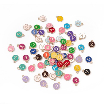 Alloy Enamel Charms, Flat Round with Random Letter, Light Gold, 13x10x1.5mm, Hole: 1.5mm
