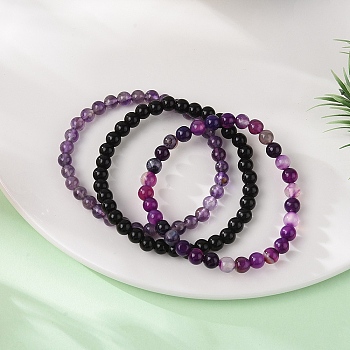 3Pcs 3 Style Natural Amethyst & Black Agate Round Beaded Stretch Bracelets Set, Gemstone Stackable Bracelets for Woman, Wide: 6mm, 7-1/4~7-1/2 inch(18.5~19cm), 1Pc/style