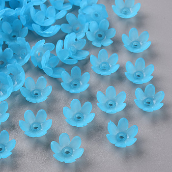 Frosted Acrylic Bead Caps, 6-Petal, Flower, Deep Sky Blue, 14x6mm, Hole: 2mm, about 1660pcs/500g