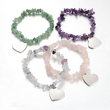 Natural Gemstone Charm Bracelets, with Platinum Plated Alloy Heart Pendants, 54mm