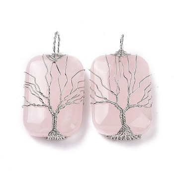 Natural Rose Quartz Copper Wire Wrapped Pendants, Rectangle with Tree of Life Charms, Platinum, 46~49x25~27x10~12mm, Hole: 8x9mm