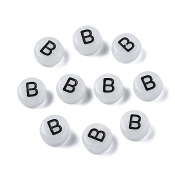 Acrylic Beads, with Enamel and Luminous, Horizontal Hole, Flat Round with Black Letter, Glow in the Dark, Light Grey, Letter.B, 7x3.5mm, Hole: 1.5mm, about 3600~3700pcs/500g