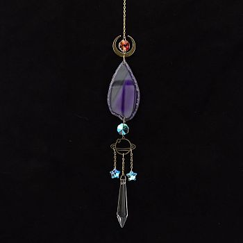 Natural Agate Piece Hanging Ornaments, Metal Moon & Planet and Glass Cone Tassel Suncatchers for Home Outdoor Decoration, Dark Violet, 450mm