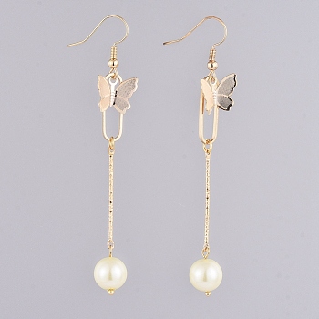 Dangle Earrings, with Glass Pearl Round Beads, Iron Bar Links, Brass Pendant and Earring Hooks, Butterfly & Oval, Lemon Chiffon, 81mm, Pin: 0.7mm