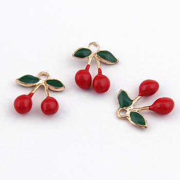 Alloy Enamel Pendants, Cherry, Light Gold, 17x13mm