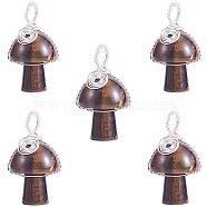 Natural Tiger Eye Pendants, Mushroom Charms, with Silver Color Plated Copper Wire Wrapped, 30x15x16mm, Hole: 5mm(PALLOY-SW0004-01)
