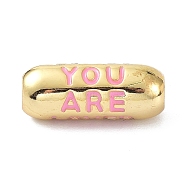 Eco-Friendly Brass Enamel Beads, Long-Lasting Plated, Real 18K Gold Plated, Oval with Word You Are, Pink, 17.5x7mm, Hole: 3mm(KK-C220-06G-03)