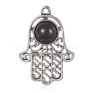 Alloy Pendants, with Resin, Hamsa Hand/Hand of Fatima/Hand of Miriam, Antique Silver, 36x25x5mm, Hole: 2mm(PALLOY-P122-25AS)