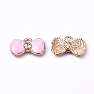 Alloy Enamel Pendants, with Crystal Rhinestone, Bowknot, Light Gold, Pink, 9x14.5x3.5mm, Hole: 1.5mm(AT-TAC0001-01C)