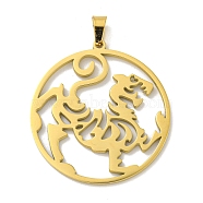 304 Stainless Steel Pendants, Laser Cut, Hollow Flat Round with Tiger Charm, Real 18K Gold Plated, 32x30x1.5mm, Hole: 6x3mm(STAS-M067-05G)