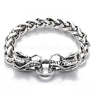 Men's Alloy Wheat Chain Bracelets, Dragon, with Gunmetal Plated Brass Spring Ring Clasps, Antique Silver, 8-7/8 inch(22.5cm)(BJEW-T014-08AS)