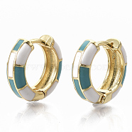 Brass Huggie Hoop Earrings, with Two Tone Enamel, Real 18K Gold Plated, Dark Turquoise, 16x16.5x5mm, Pin: 1x1mm(EJEW-S209-06C)