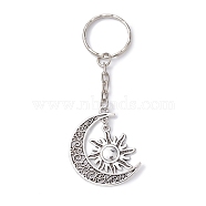 Tibetan Style Alloy Keychain, with Iron Split Key Rings, Moon & Sun, Antique Silver, 9.2cm(KEYC-JKC00557)