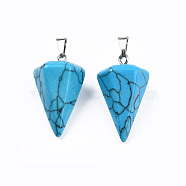 Cone/Spike/Pendulum Dyed Synthetical Blue Turquoise Stone Pendants, with Platinum Plated Iron Findings, 25~27x14x14mm, Hole: 6x3mm(G-R278-77)