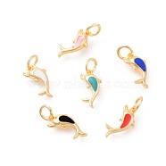 Brass Pendants, with Enamel, Dolphin, Golden, Mixed Color, 16x8x3mm, Hole: 4mm(KK-I652-01G)