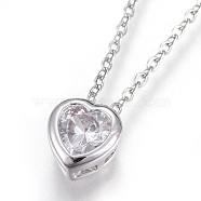 304 Stainless Steel Pendant Necklaces, with Brass Cubic Zirconia Pendant, Heart, Clear, Stainless Steel Color, 17.6 inch(45cm), Pendant: 7x7x4mm(NJEW-O108-14P)