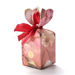 Paper Candy Boxes, with Polyester Ribbon, for Bakery Box, Baby Shower Gift Box, Floral Pattern, 5x5x12.8cm(CON-B005-02A)