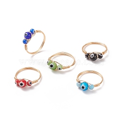 Round Lampwork Evil Eye Braided Finger Ring, Light Gold Plated Copper Wire Wrapped Jewelry for Women, Mixed Color, US Size 7 3/4(17.9mm)(RJEW-JR00510)