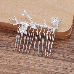 Iron Hair Comb Findings, with Alloy Branch and Flower, Silver, 29x62mm(OHAR-PW0001-420S)