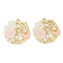 Rack Plating Alloy Enamel Pendants, with ABS Imitation Pearl, Golden, Flat Round with Flower Charm, Pink, 28x27.5x5mm, Hole: 2mm(FIND-Q099-06G-02)