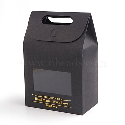 Rectangle Paper Bags with Handle and Clear Rectangle Shape Display Window, for Bakery, Cookie, Candies, Gift Bag, Black, 6x10x15.4cm(X-CON-D006-01B-02)