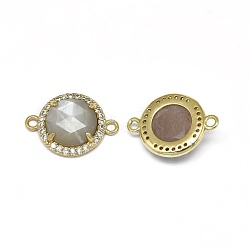Natural Sunstone Links connectors, with Brass Findings and Cubic Zirconia, Faceted, Half Round, Golden, 18~18.5x13~13.5x4~4.5mm, Hole: 1.5mm(G-E526-34F)
