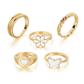 Butterfly & Flower & Heart Rhinestone Finger Rings Set with Imitation Pearl Beaded, Alloy Enamel Stackable Rings for Women, Golden, Inner Diameter: 17~18mm, 5Pcs/set