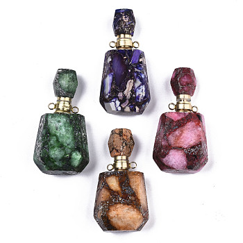 Assembled Synthetic Pyrite and Imperial Jasper Openable Perfume Bottle Pendants, with Brass Findings, Dyed, Mixed Color, capacity: 1ml(0.03 fl. oz), 42x22.5x15mm, Hole: 1.8mm, Capacity: 1ml(0.03 fl. oz)